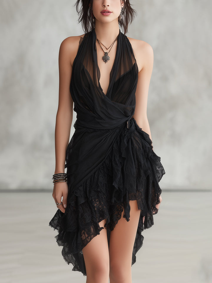 Vestido mini de encaje negro con escote halter y volantes - Zelira