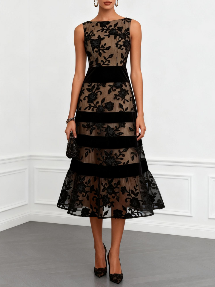 Vestido midi de línea A sin mangas en malla negra con flores - Zelira