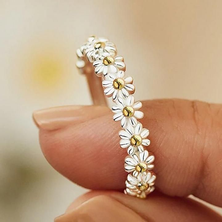 Anillo ajustable de plata y esmaltes pintados a mano con margaritas - Zelira