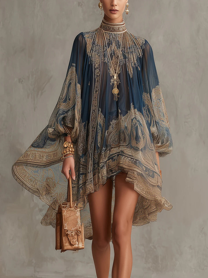 Vestido mini de gasa asimétrico de cuello alto con estampado barroco azul marino - Zelira