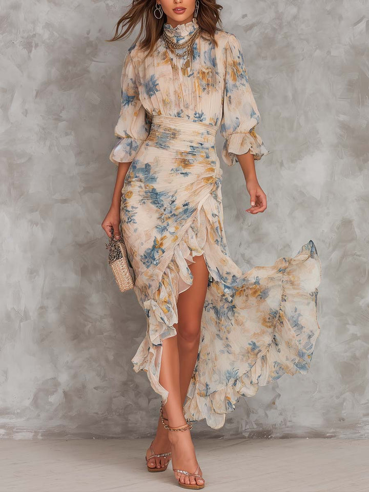 Vestido largo de gasa asimétrico con estampado floral y cuello alto beige - Zelira