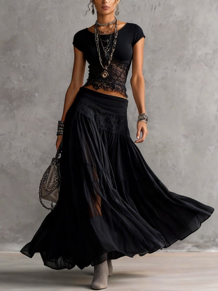 Conjunto de top de encaje negro transparente y falda larga plisada - Zelira