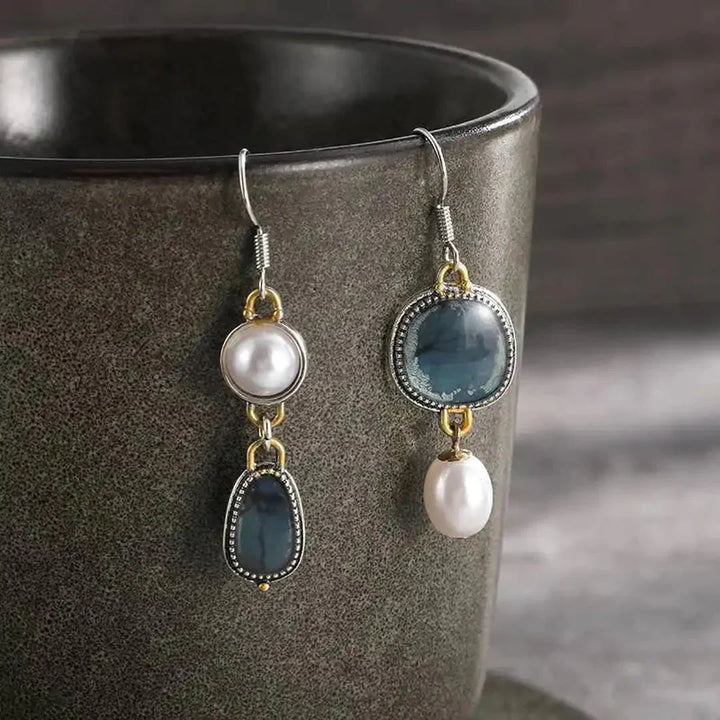 Pendientes vintage de perlas y piedra azul - Zelira