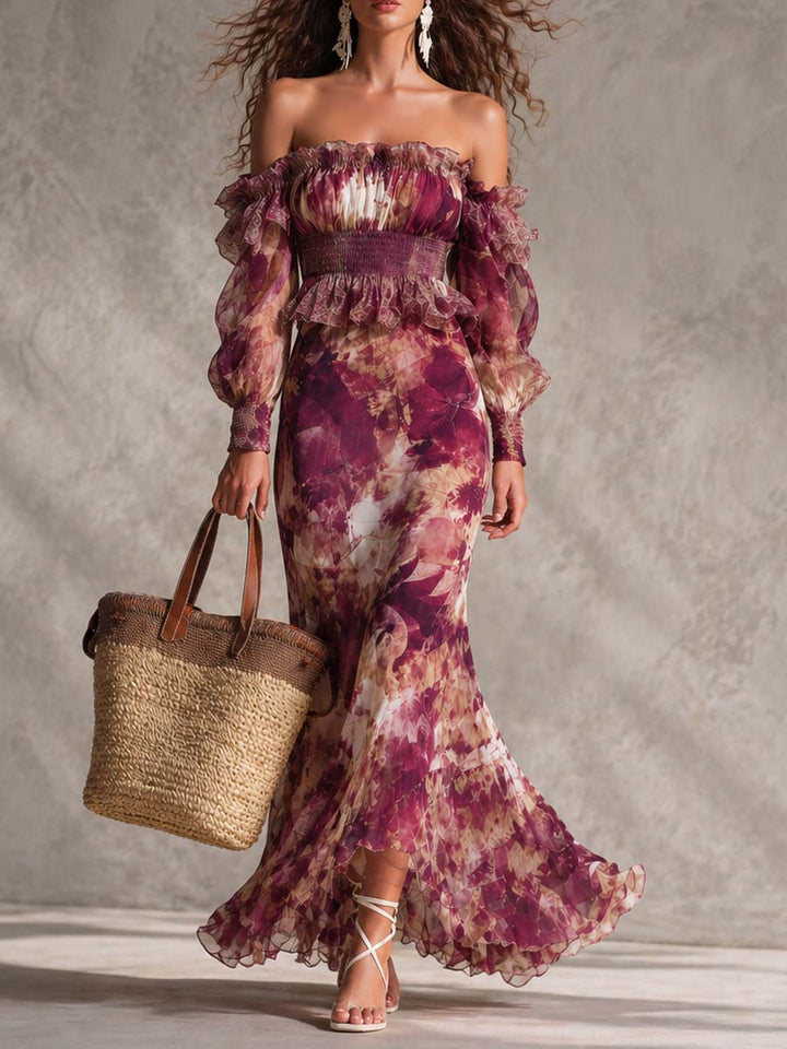 Vestido largo de gasa rosa intenso con hombros descubiertos - Zelira