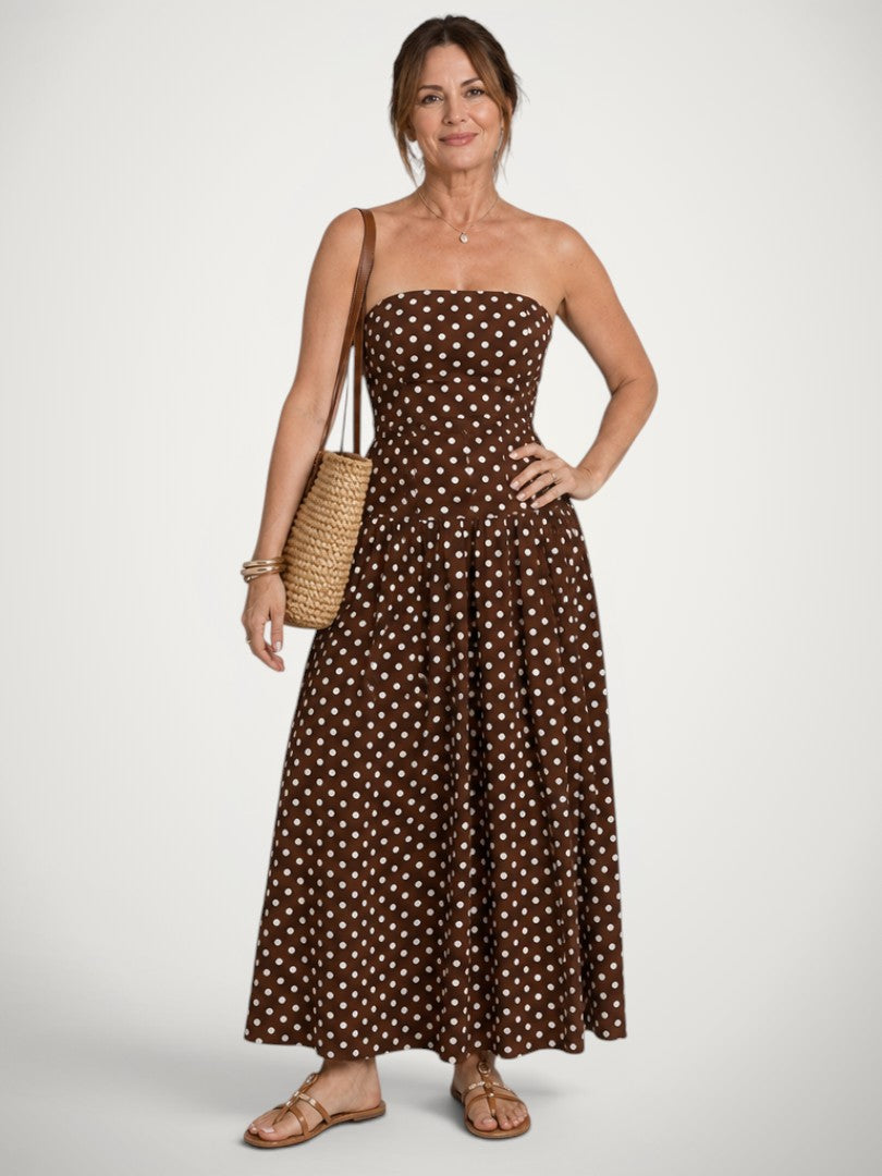 Amelie | Vestido midi de hombros descubiertos con topos