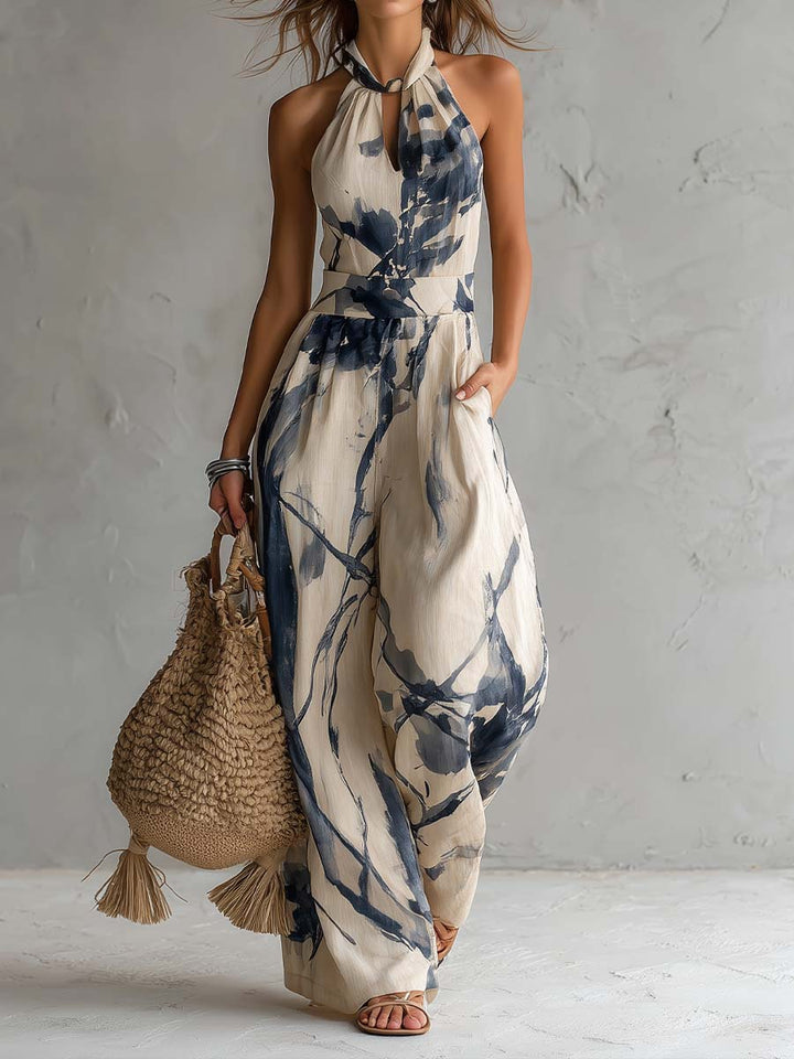 Mono con escote halter, estampado de tinta y pantalón ancho con bolsillos - Zelira