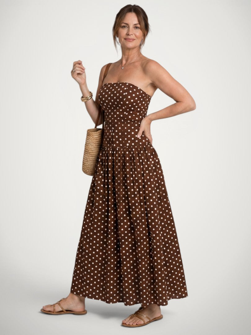 Amelie | Vestido midi de hombros descubiertos con topos