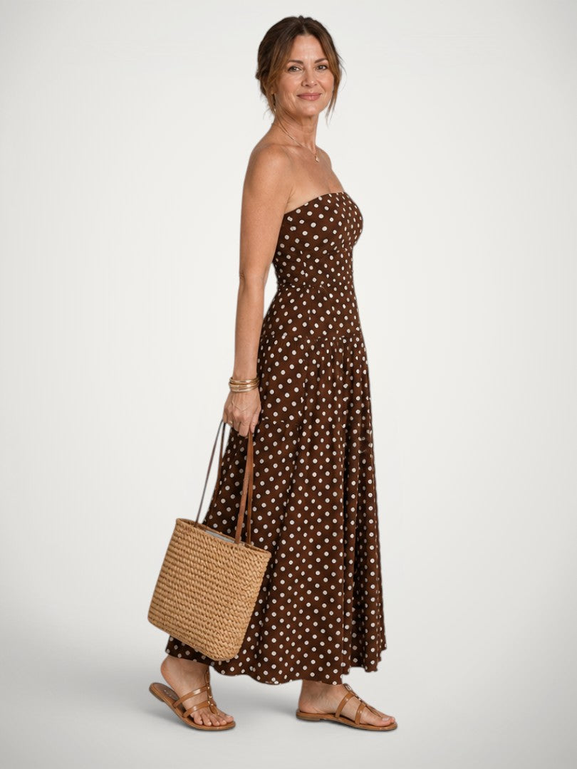 Amelie | Vestido midi de hombros descubiertos con topos