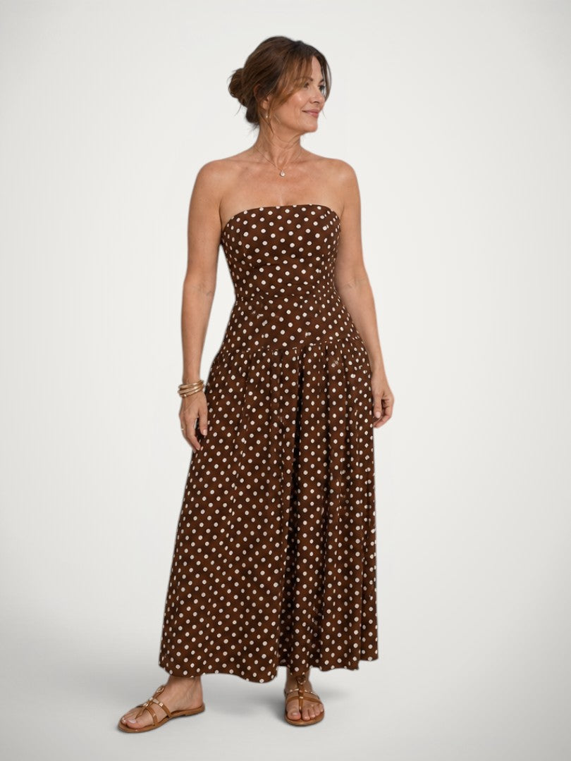 Amelie | Vestido midi de hombros descubiertos con topos