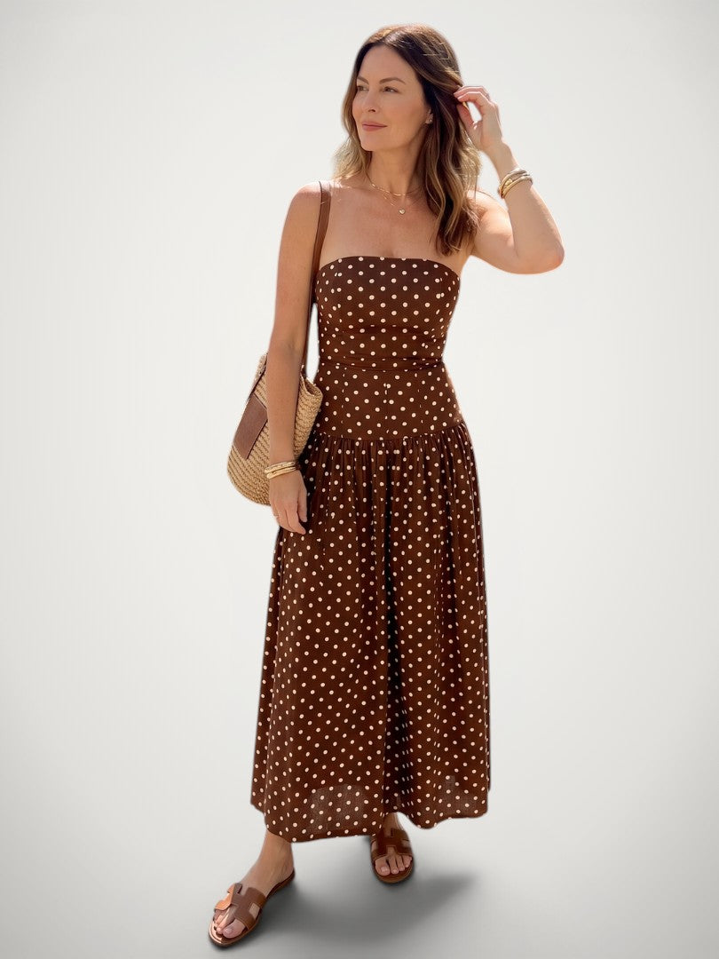 Amelie | Vestido midi de hombros descubiertos con topos