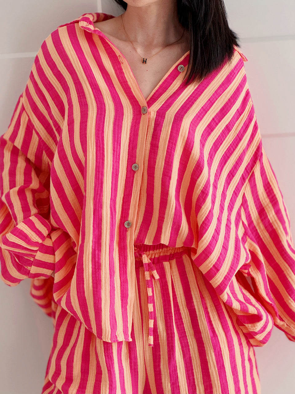 Blusa de Muselina, Rayas Anchas, Fucsia