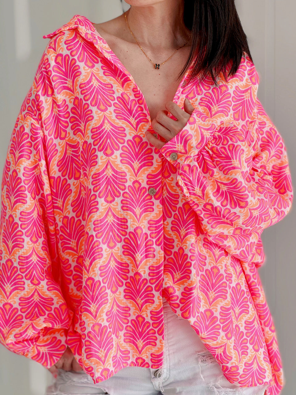 Blusa de Muselina, Hojas de Palmera, Blanco, 2 colores