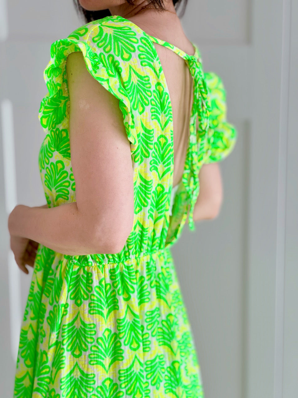 Vestido de Muselina, Espalda Descubierta, sin Mangas, Hojas de Palmera, 2 colores