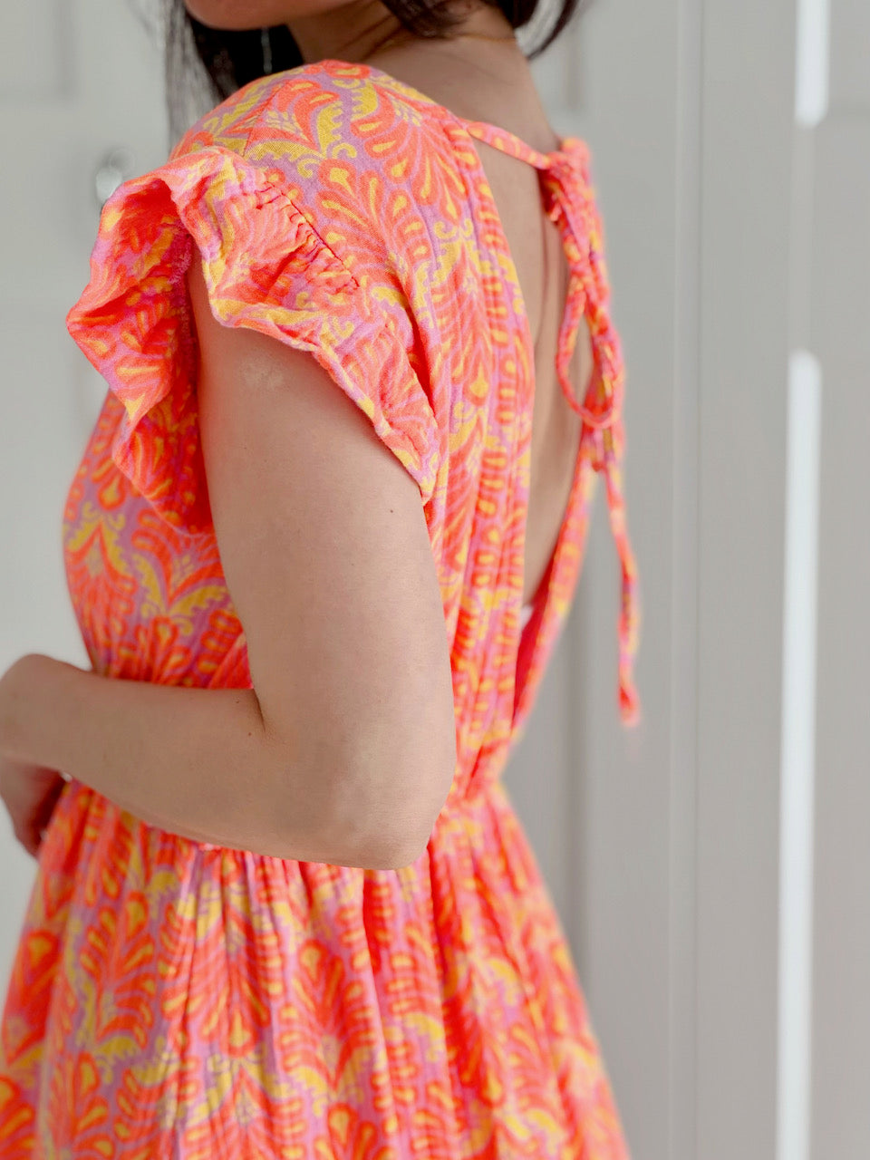 Vestido de Muselina, Espalda Descubierta, sin Mangas, Hojas de Palmera, 2 colores