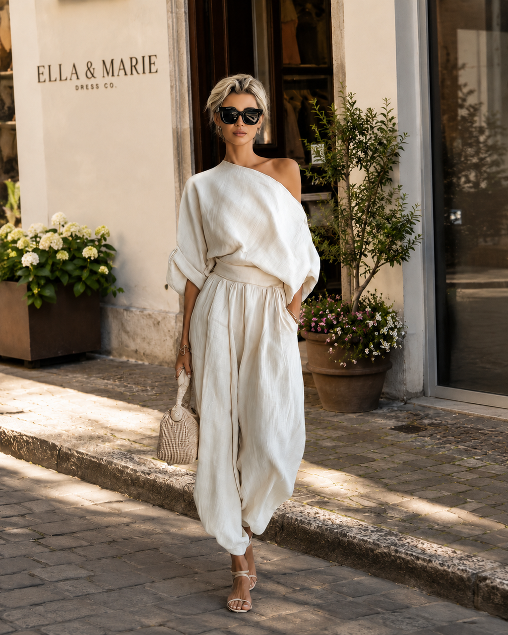 Mila | Conjunto de lino con top off-shoulder y pantalón