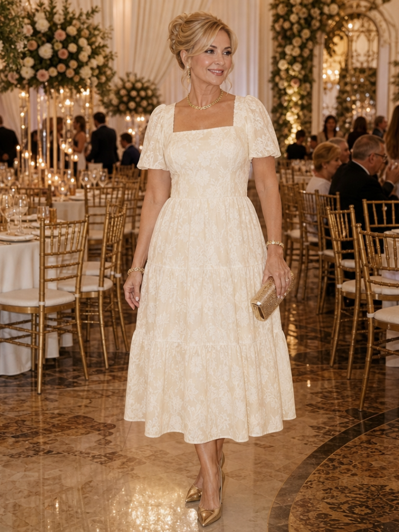 Philippa | Vestido midi de manga corta con textura floral