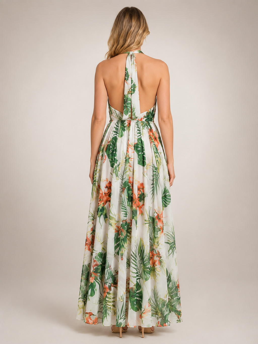 Rosamunde | Vestido maxi boho de cuello halter con estampado floral