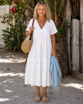 Melaris | Vestido midi de vuelo escalonado con escote en V