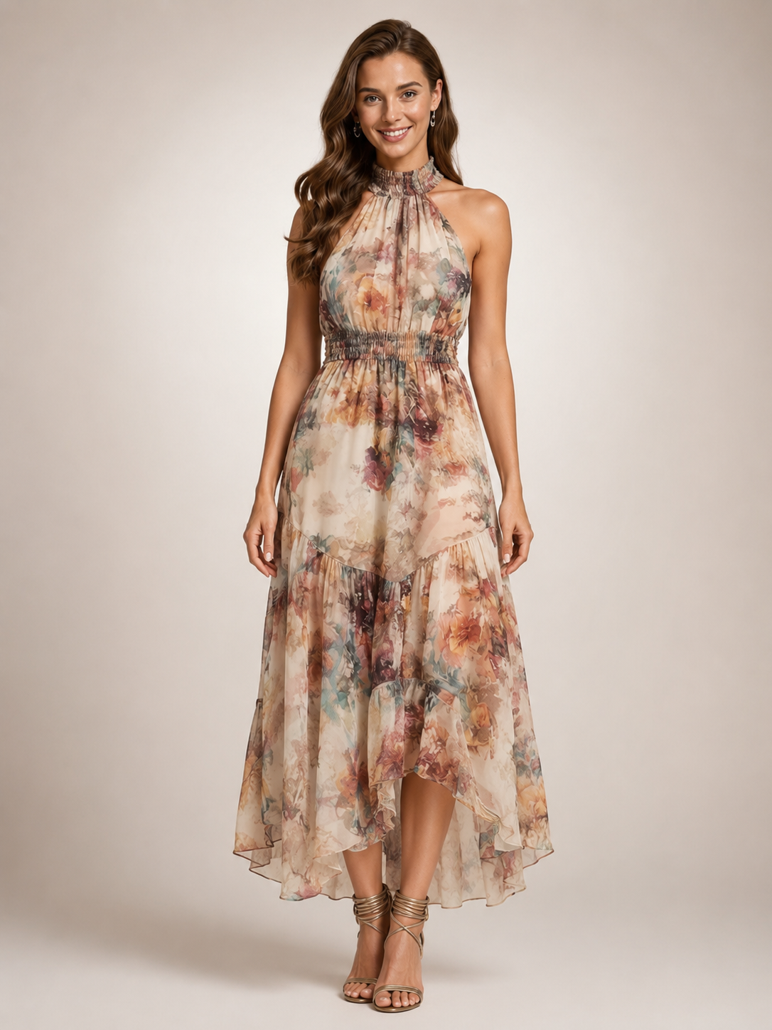 Hiltrud | Vestido maxi vintage de cuello halter con estampado floral