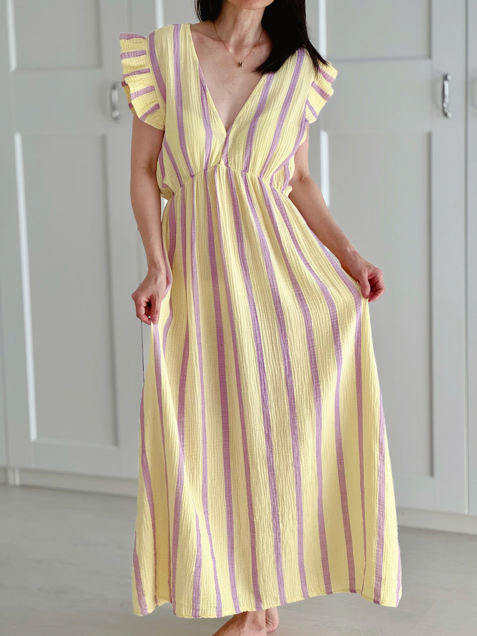 Vestido de Muselina, Espalda Descubierta, sin Mangas, Rayas Anchas, 3 colores