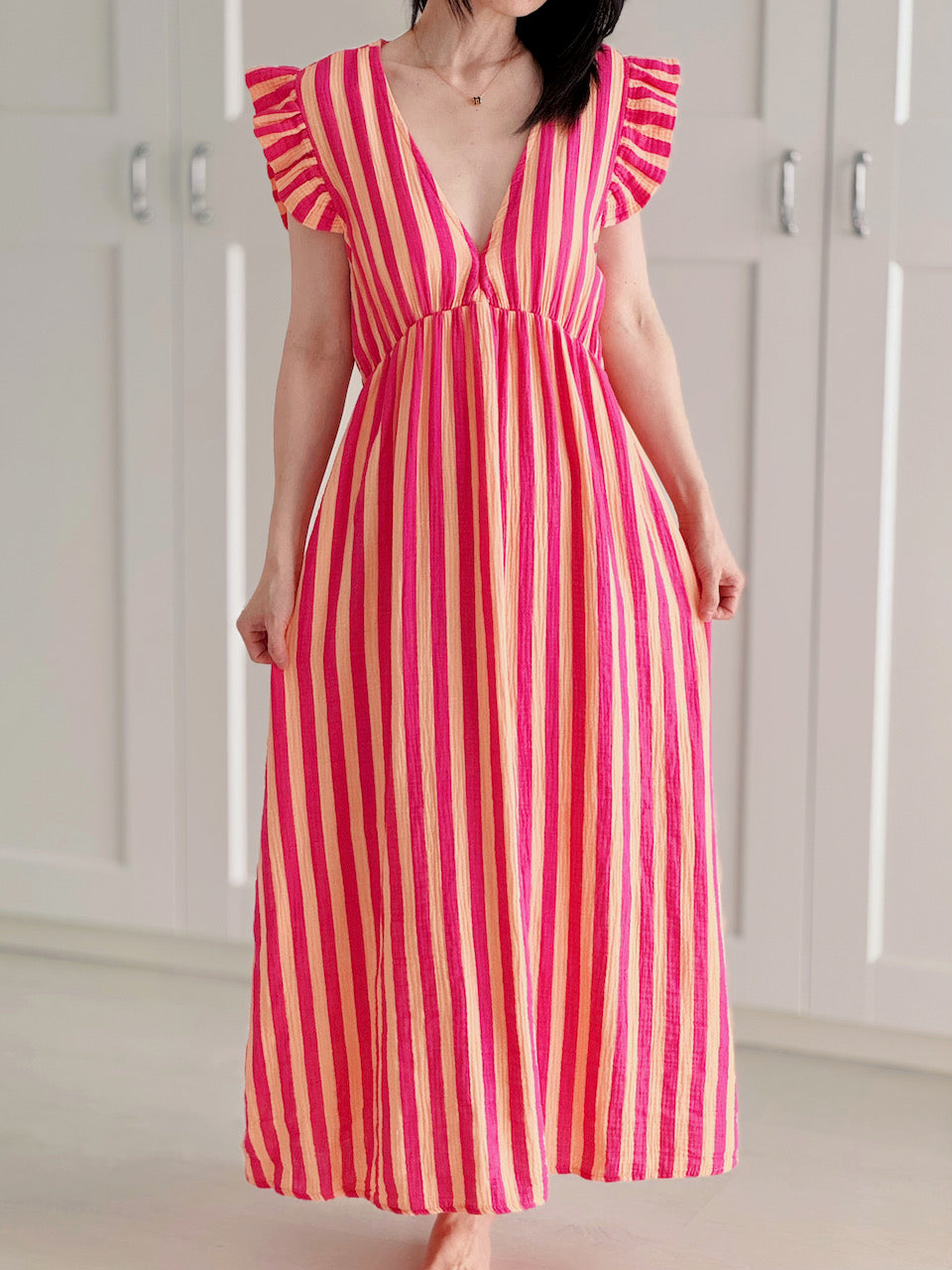 Vestido de Muselina, Espalda Descubierta, sin Mangas, Rayas Anchas, 3 colores