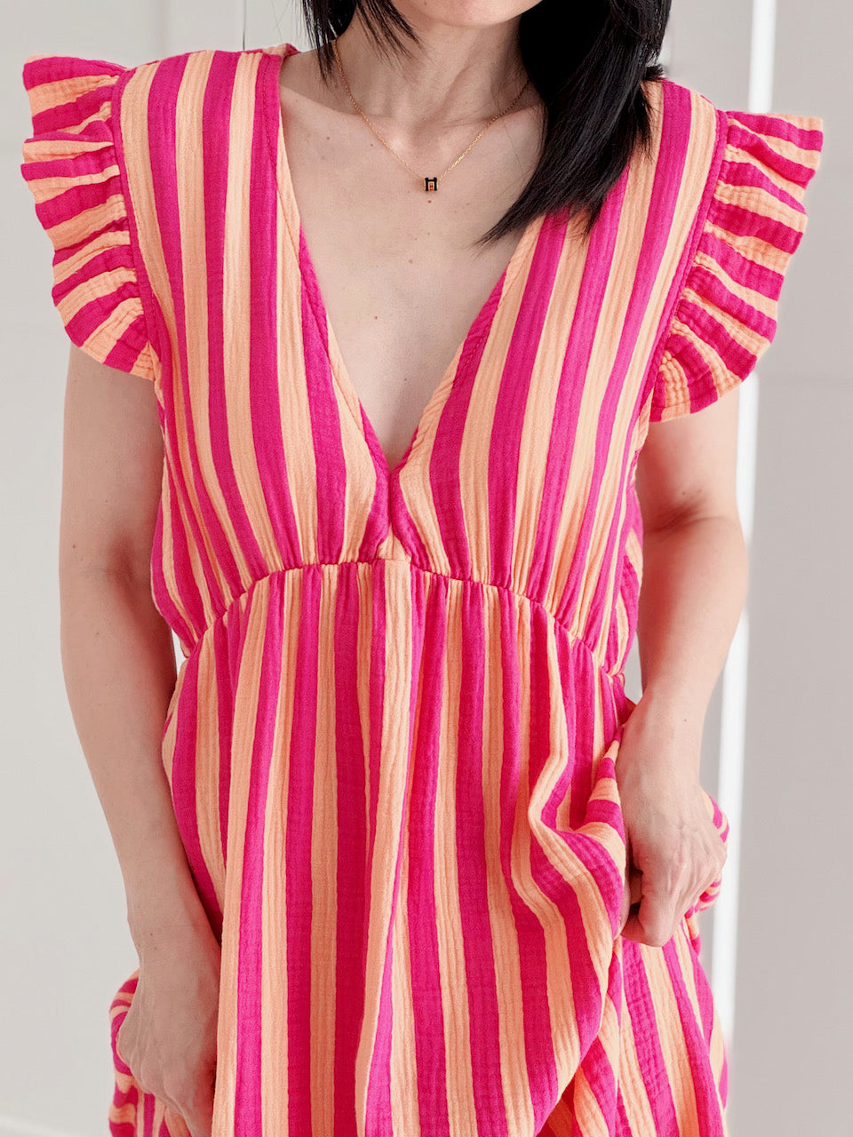 Vestido de Muselina, Espalda Descubierta, sin Mangas, Rayas Anchas, 3 colores