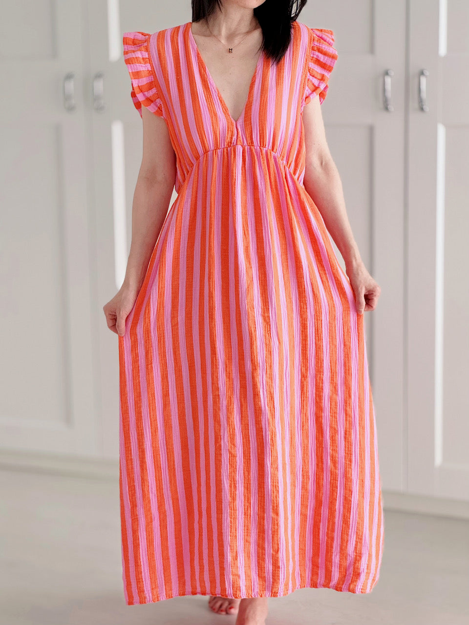 Vestido de Muselina, Espalda Descubierta, sin Mangas, Rayas Anchas, 3 colores