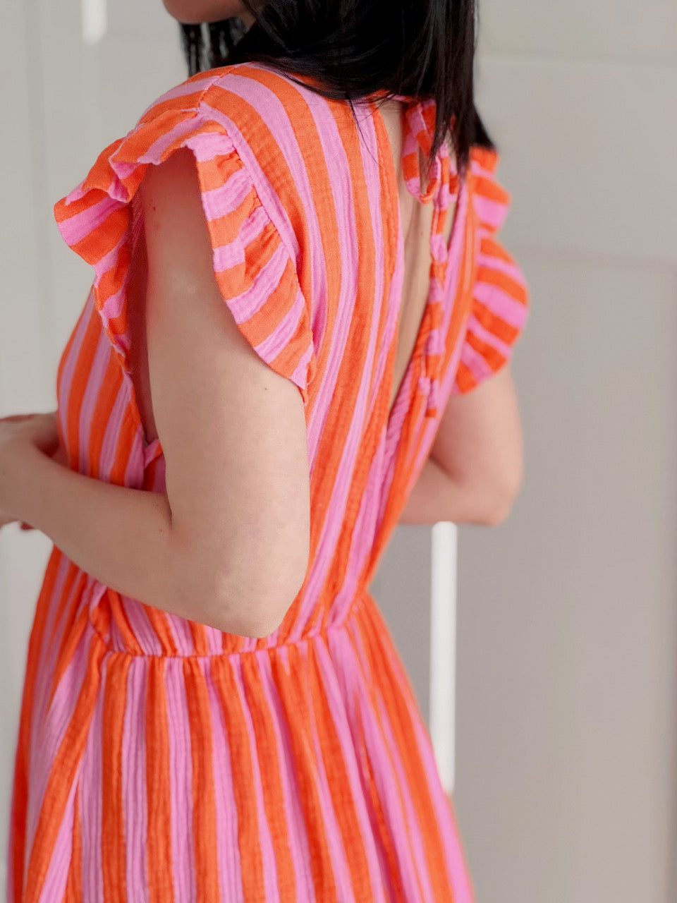 Vestido de Muselina, Espalda Descubierta, sin Mangas, Rayas Anchas, 3 colores