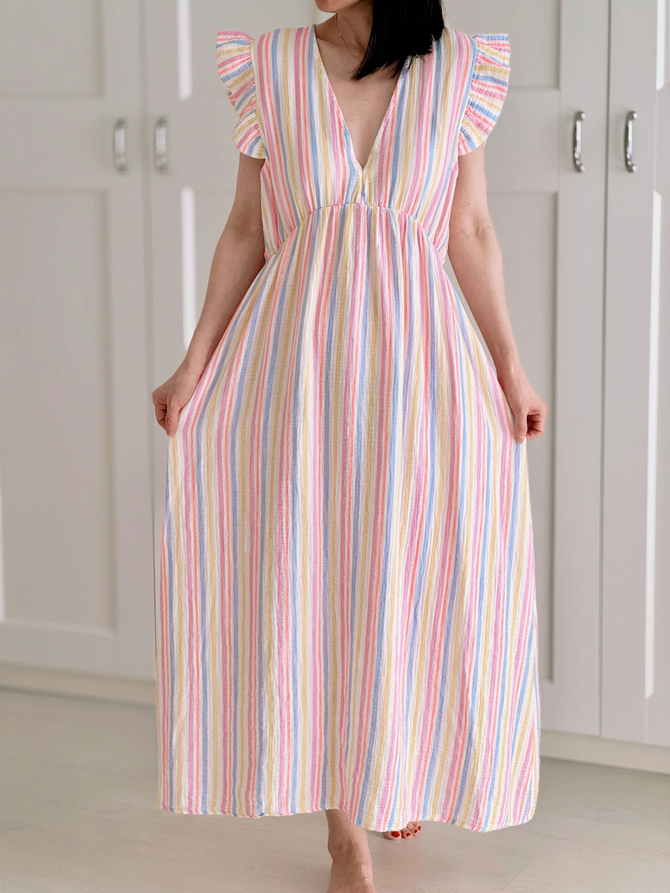 Vestido de Muselina, Espalda Descubierta, sin Mangas, Rayas Multicolor, Rosa