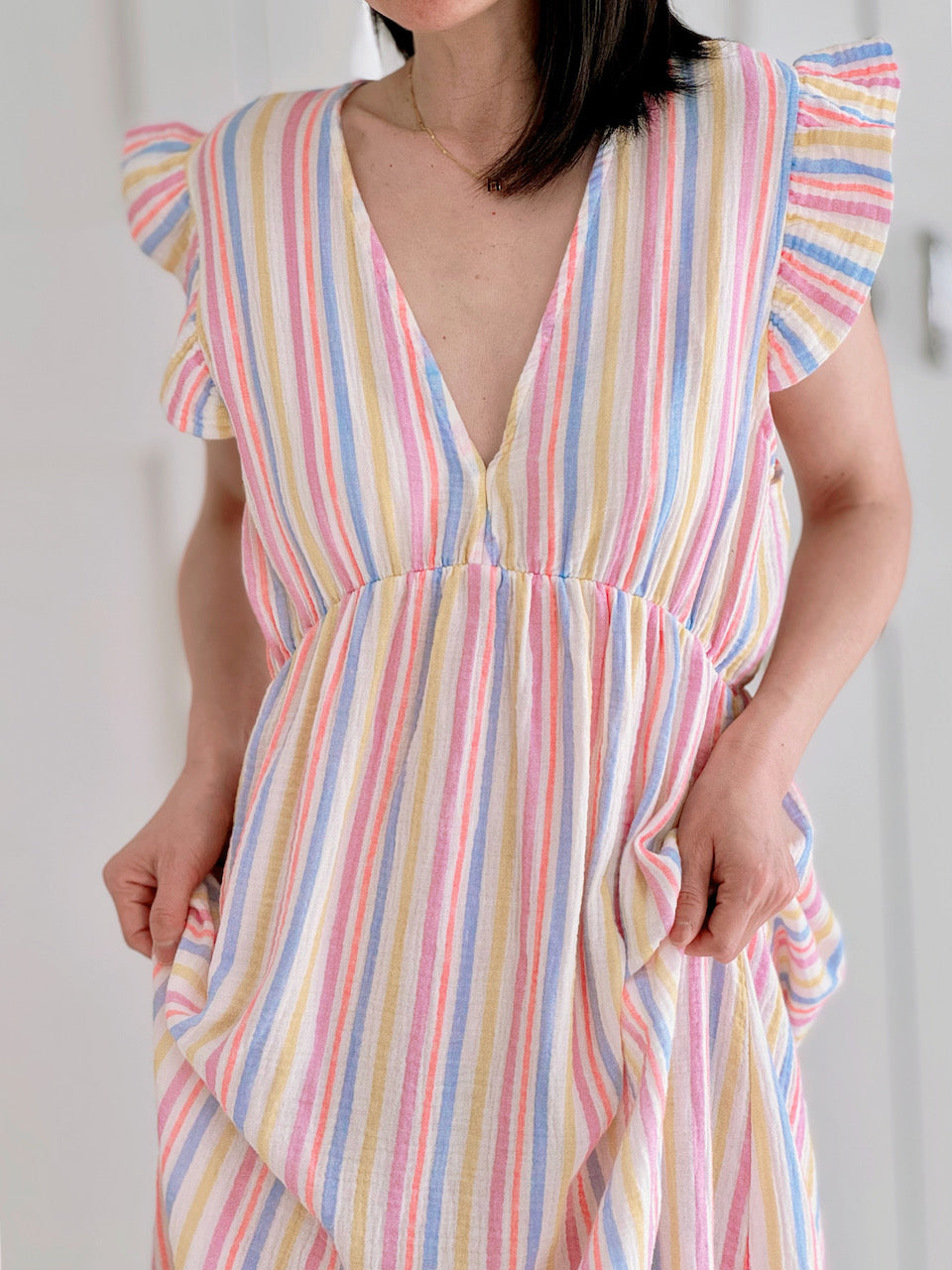 Vestido de Muselina, Espalda Descubierta, sin Mangas, Rayas Multicolor, Rosa