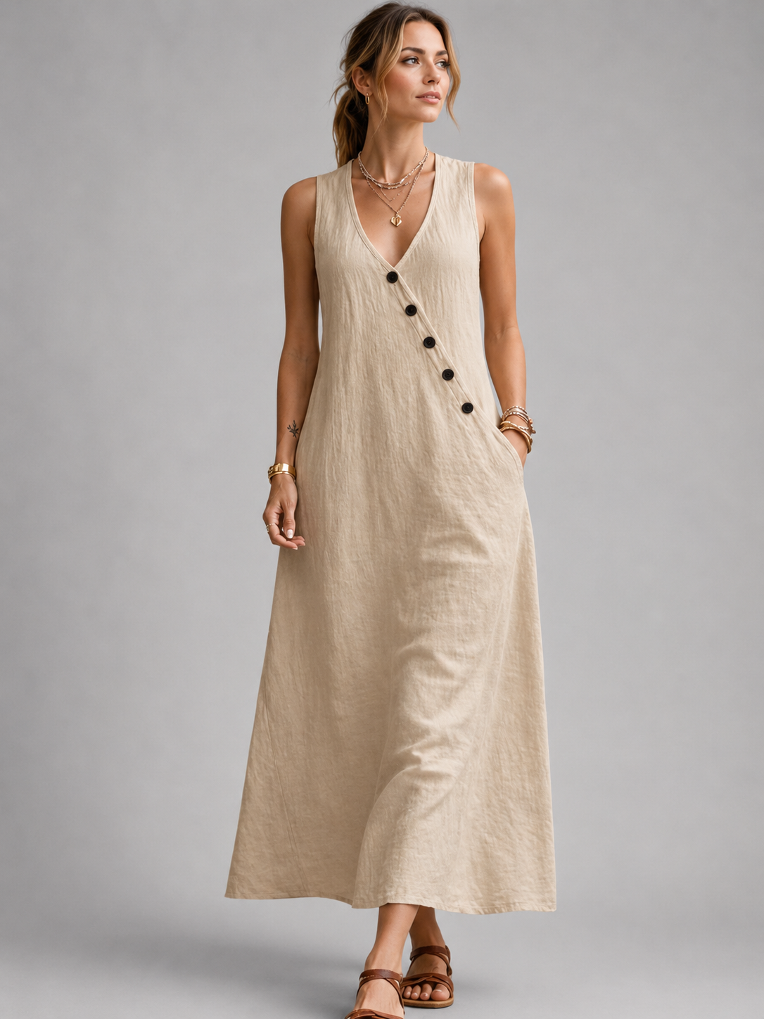 Greta | Vestido maxi de lino con botonadura