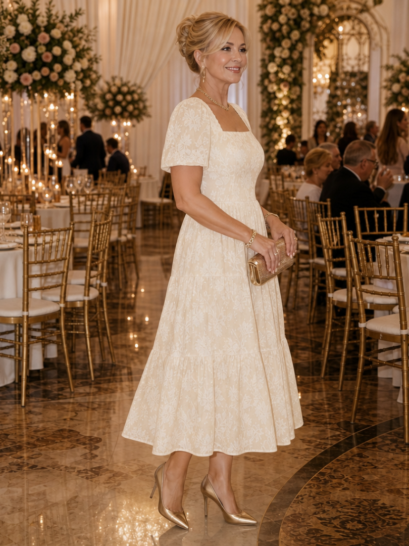 Philippa | Vestido midi de manga corta con textura floral