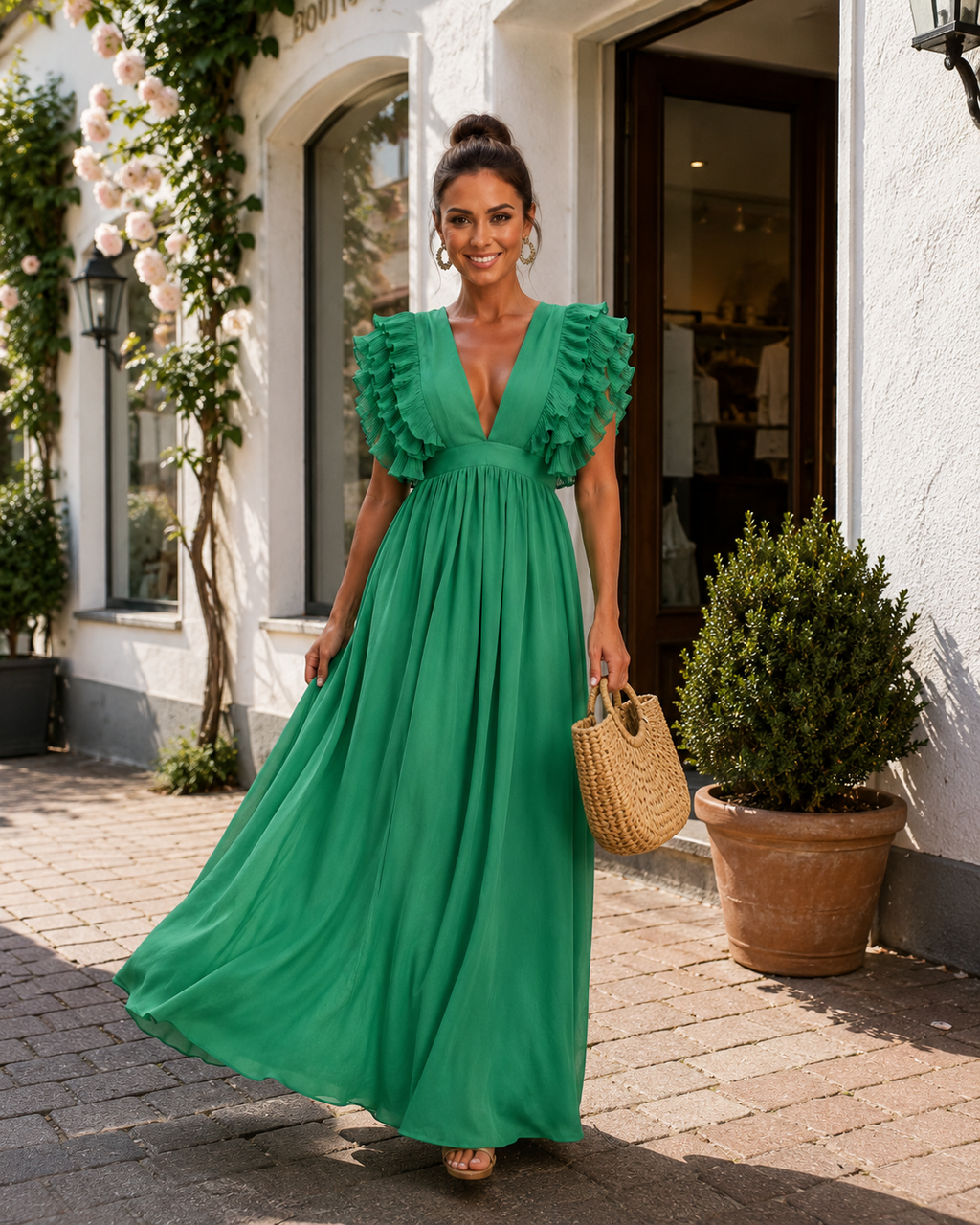 Gerlinde | Vestido maxi con espalda al descubierto y mangas de volantes