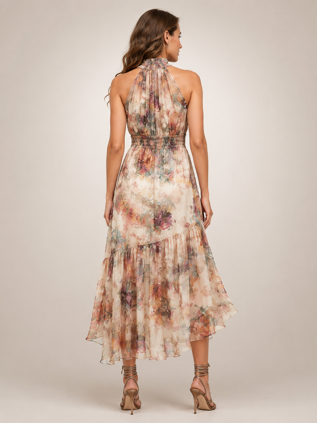 Hiltrud | Vestido maxi vintage de cuello halter con estampado floral