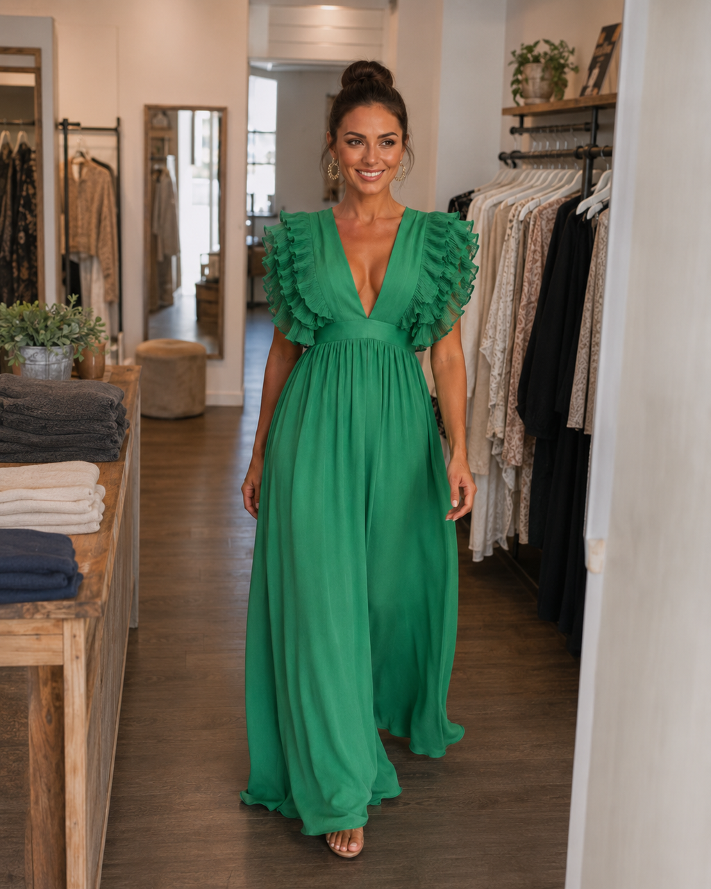 Gerlinde | Vestido maxi con espalda al descubierto y mangas de volantes