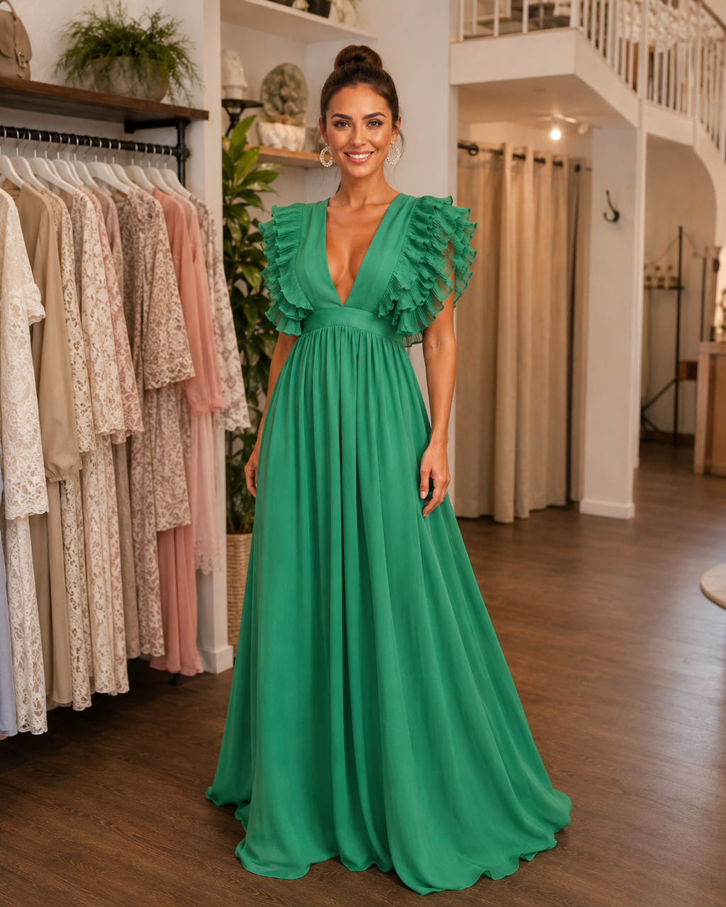 Gerlinde | Vestido maxi con espalda al descubierto y mangas de volantes