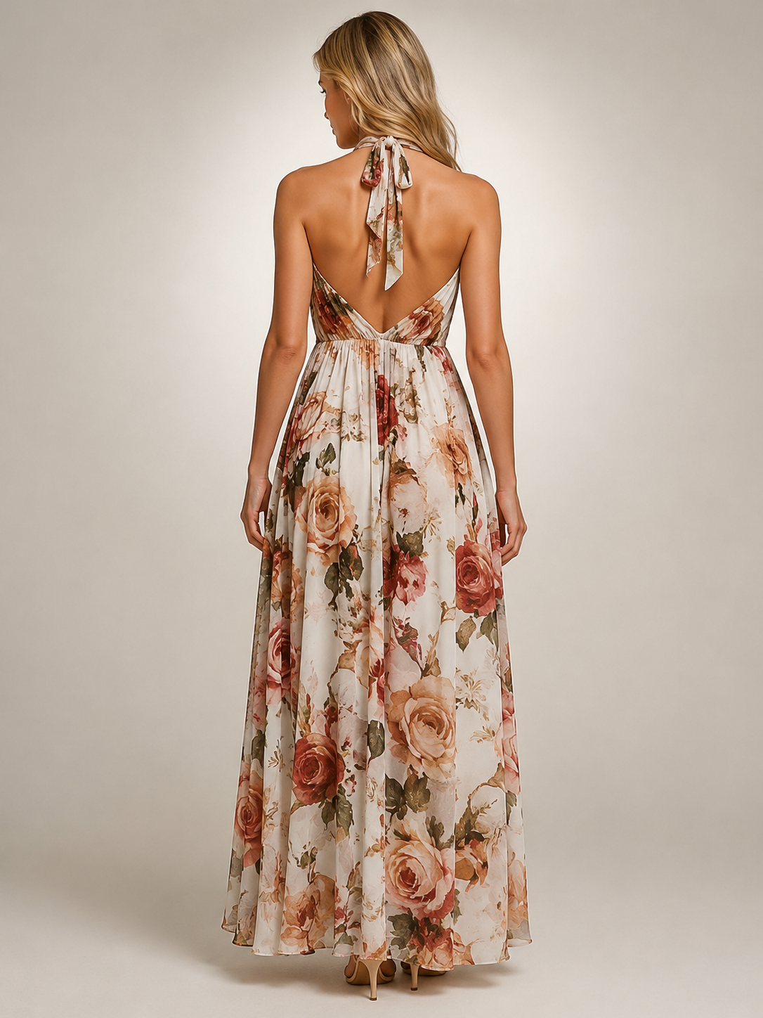 Rosamunde | Vestido maxi boho de cuello halter con estampado floral
