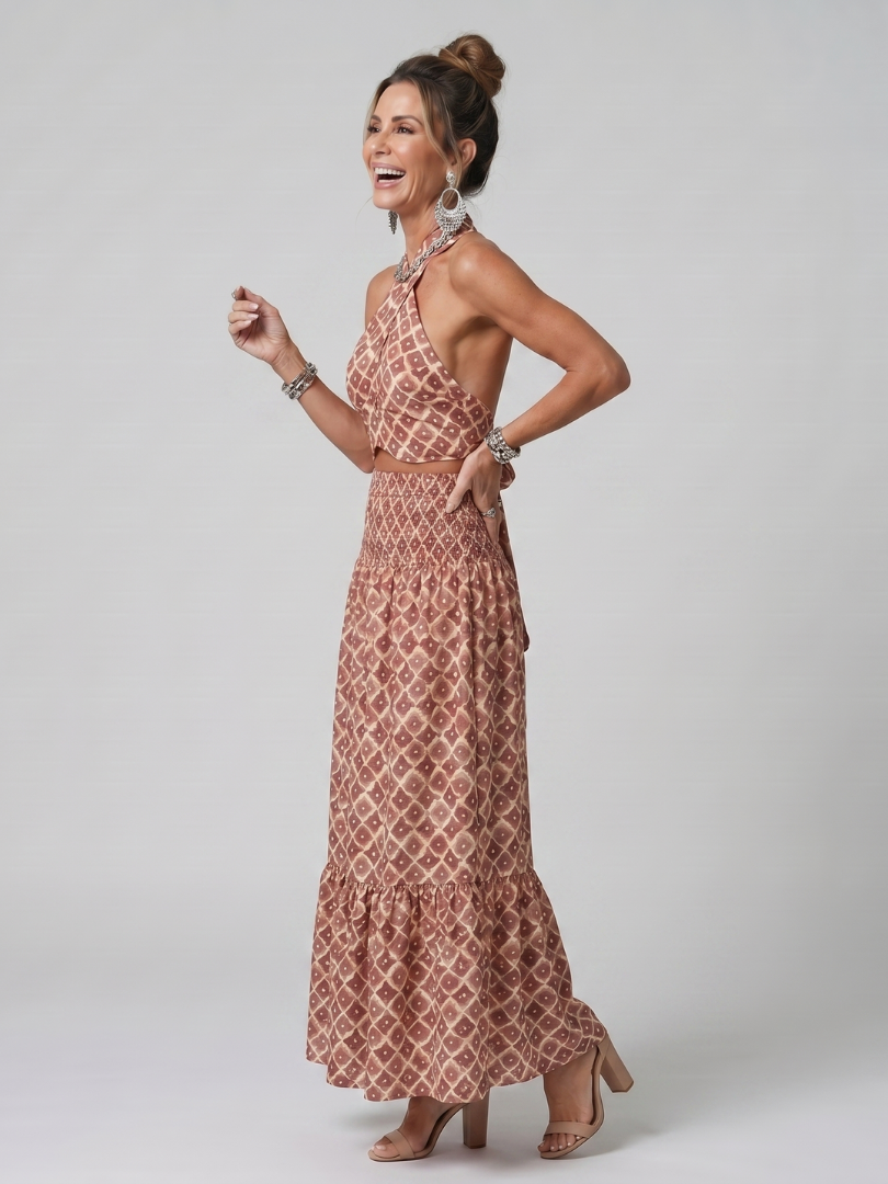 Ines | Vestido midi con cuello halter y estampado geométrico