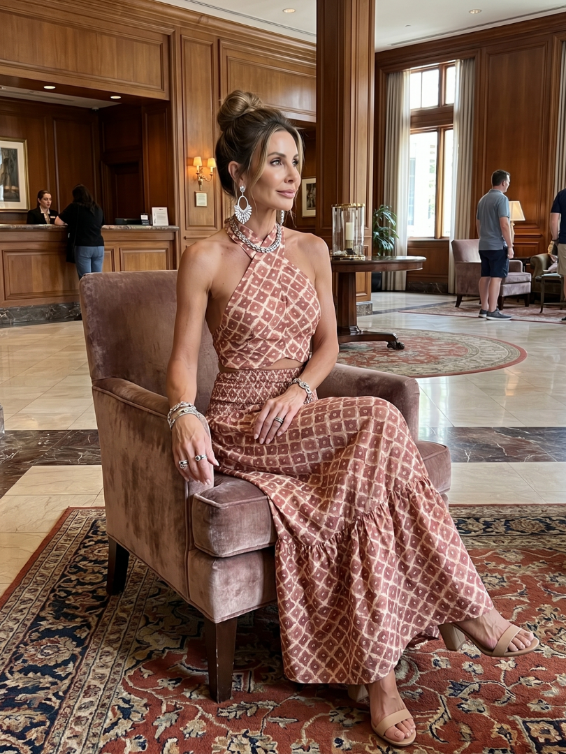 Ines | Vestido midi con cuello halter y estampado geométrico