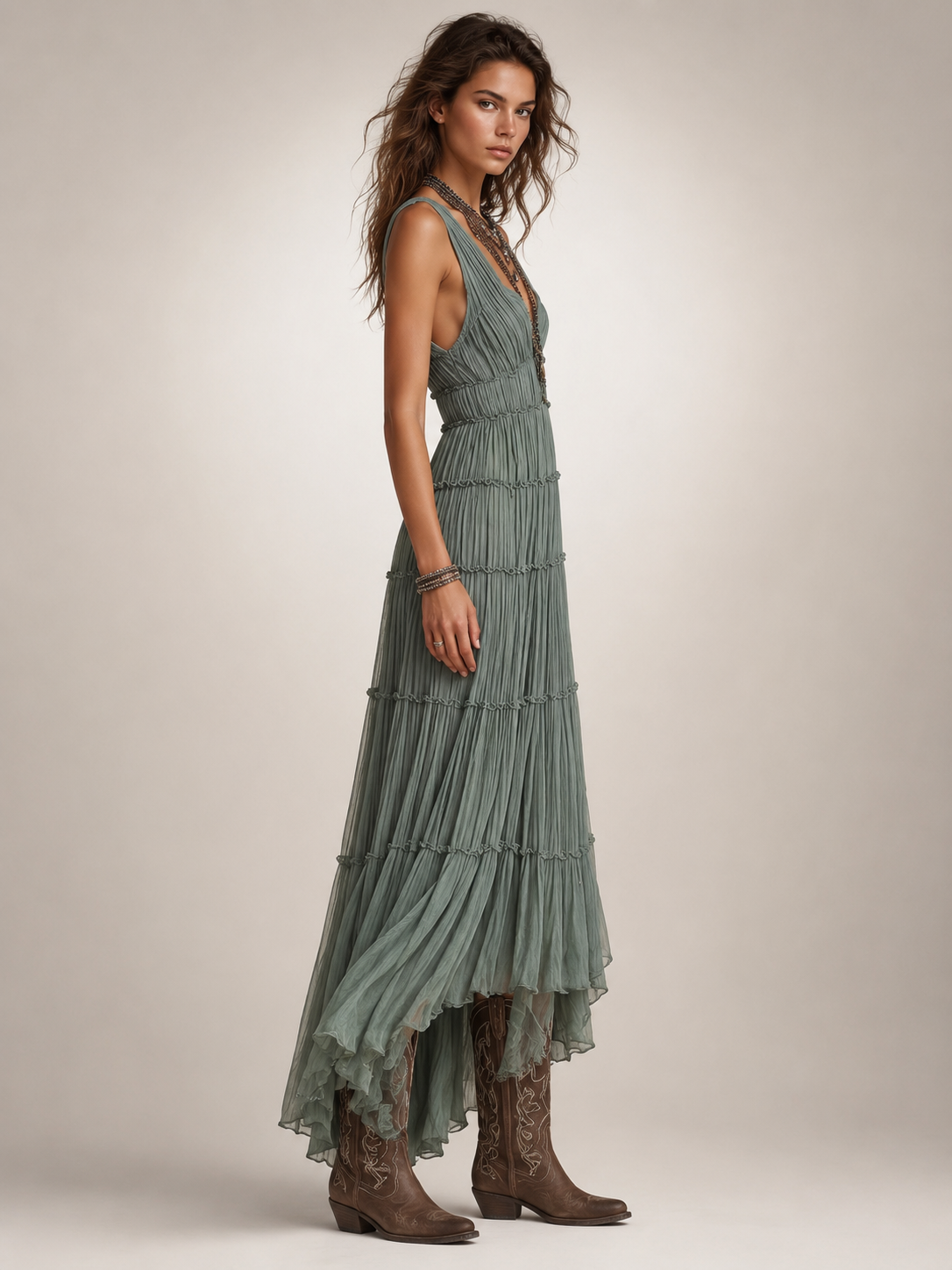 Gundula | Vestido maxi boho escalonado con escote en V