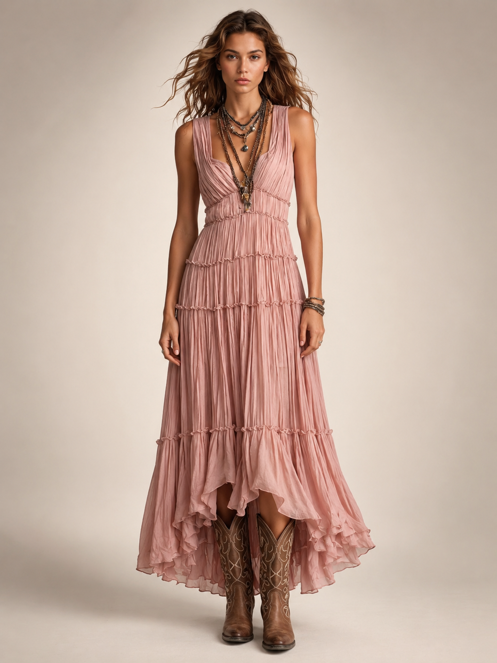 Gundula | Vestido maxi boho escalonado con escote en V
