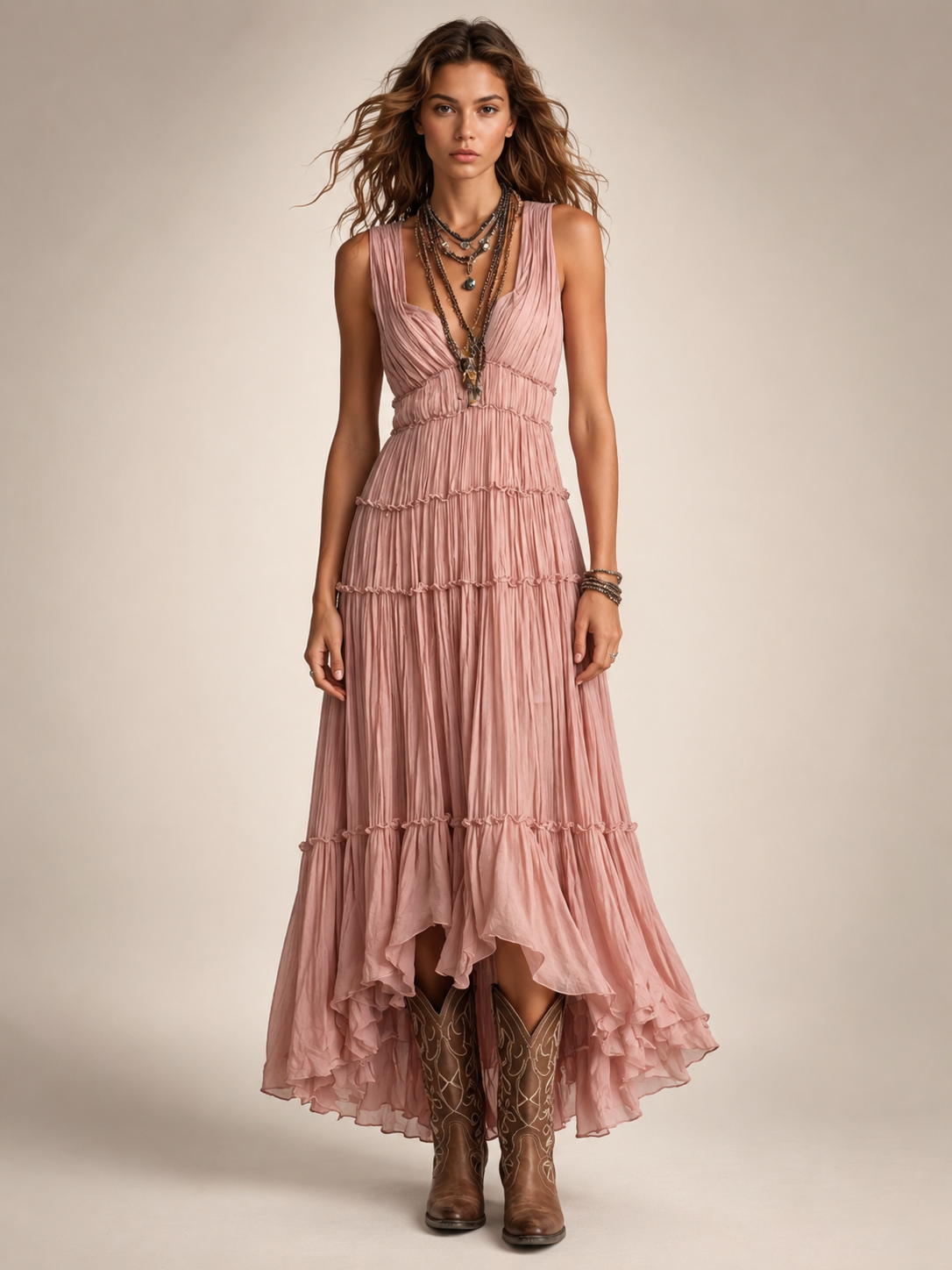 Gundula | Vestido maxi boho escalonado con escote en V