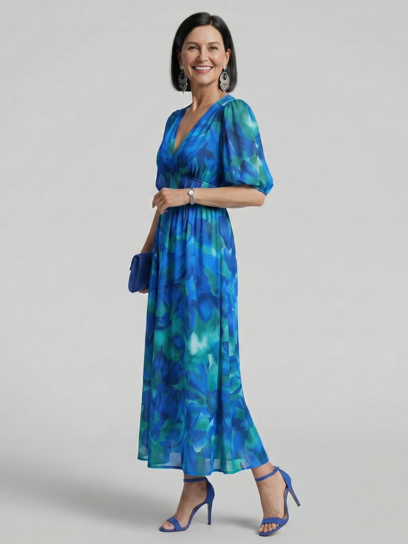 Paula | Vestido midi con mangas abullonadas y escote de pico