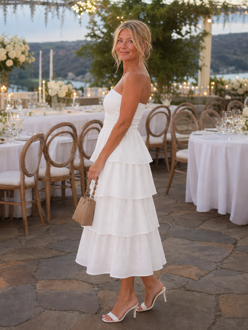 Annegret | Vestido midi con hombros al descubierto y top fruncido elástico