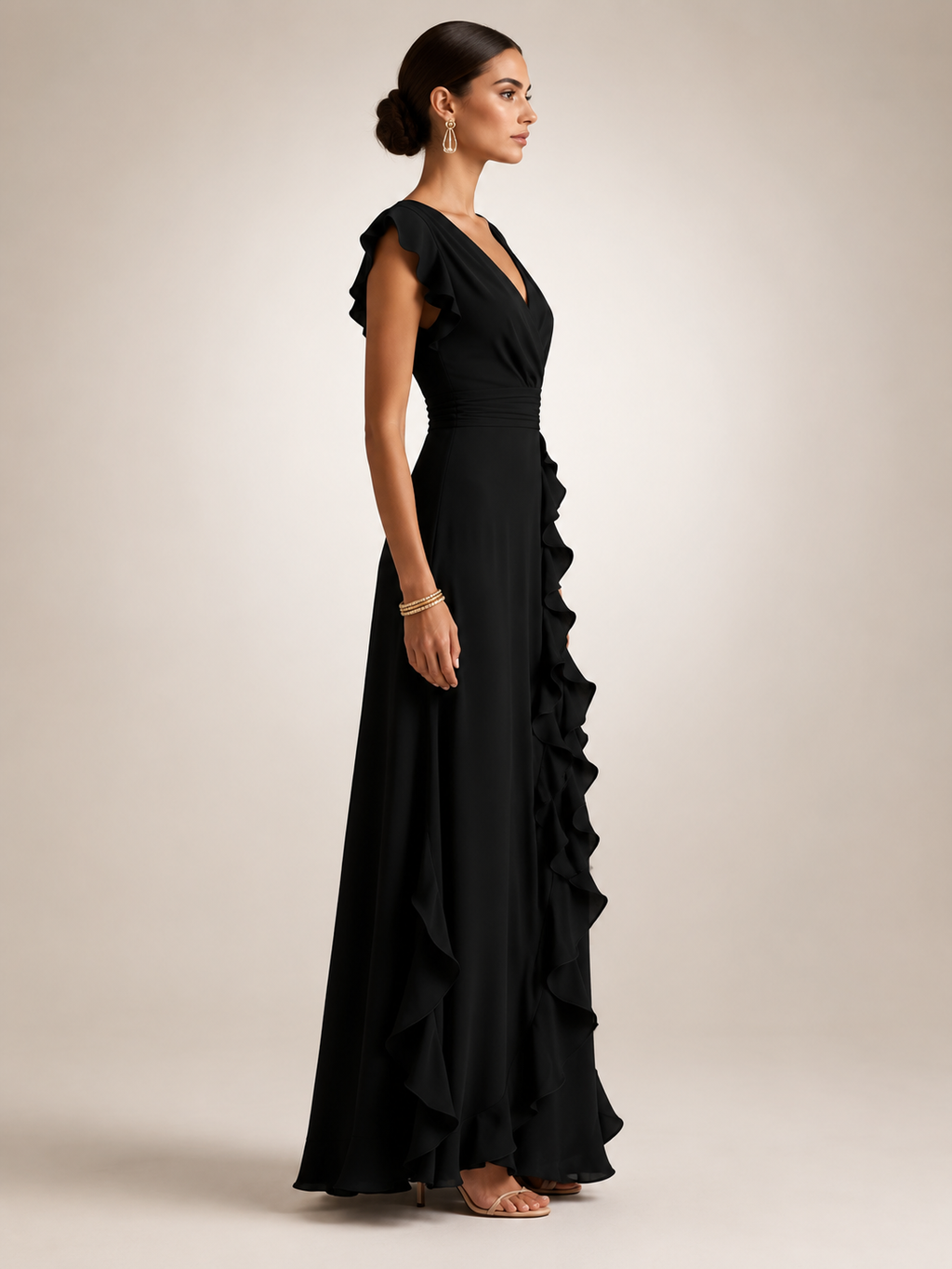 Gerhild | Vestido de fiesta plisado con escote en V y mangas cortas