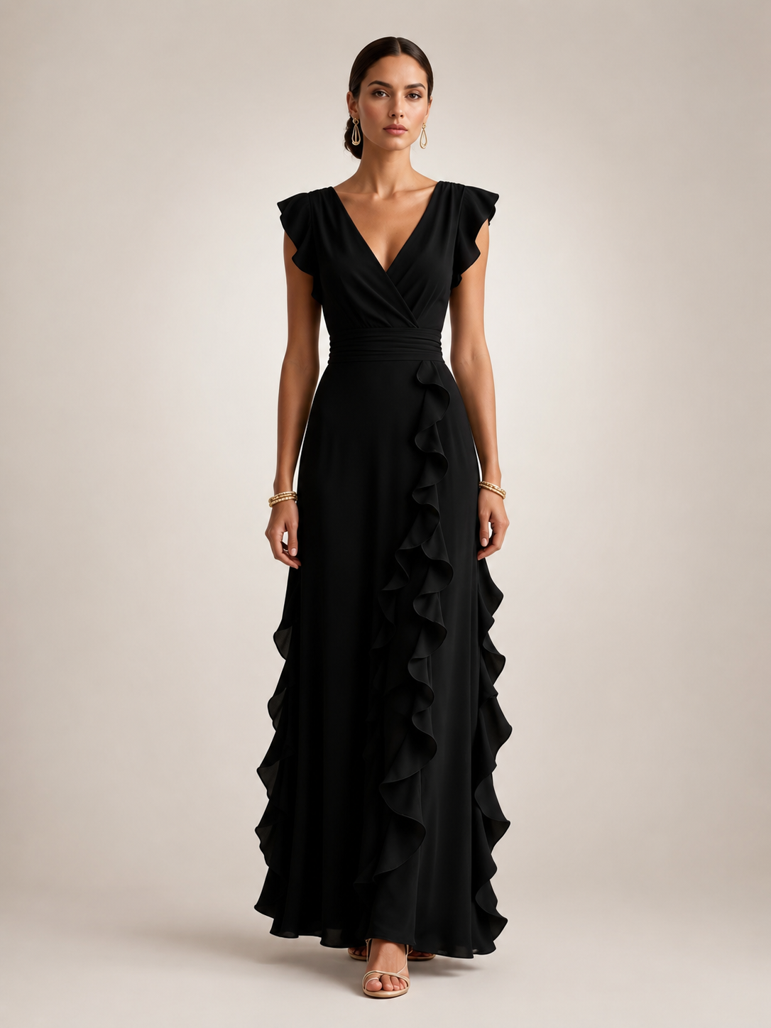 Gerhild | Vestido de fiesta plisado con escote en V y mangas cortas