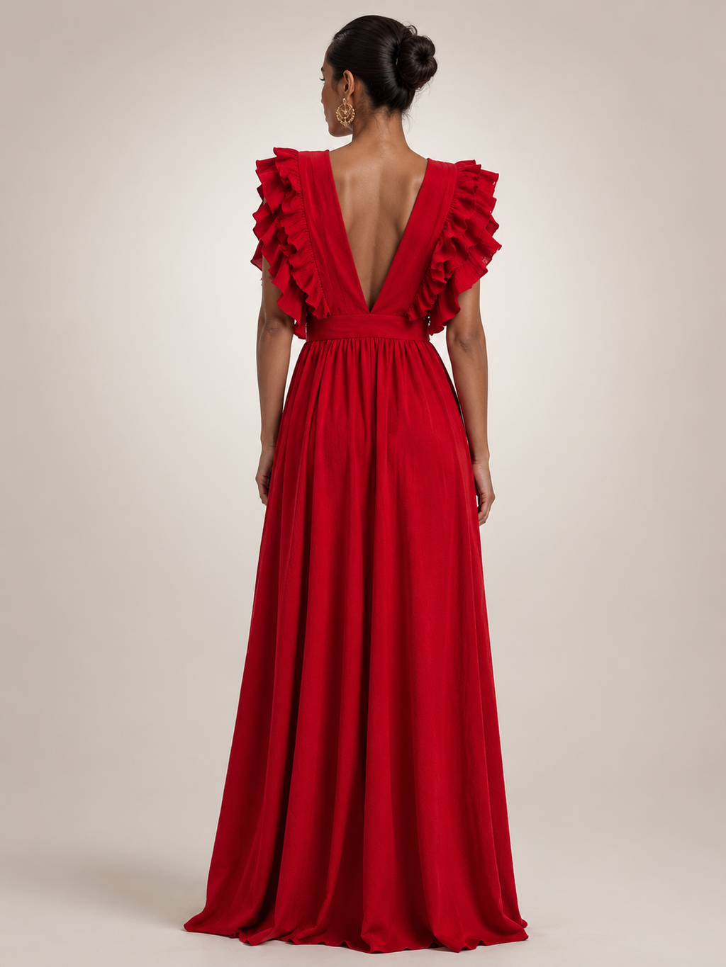 Gerlinde | Vestido maxi con espalda al descubierto y mangas de volantes