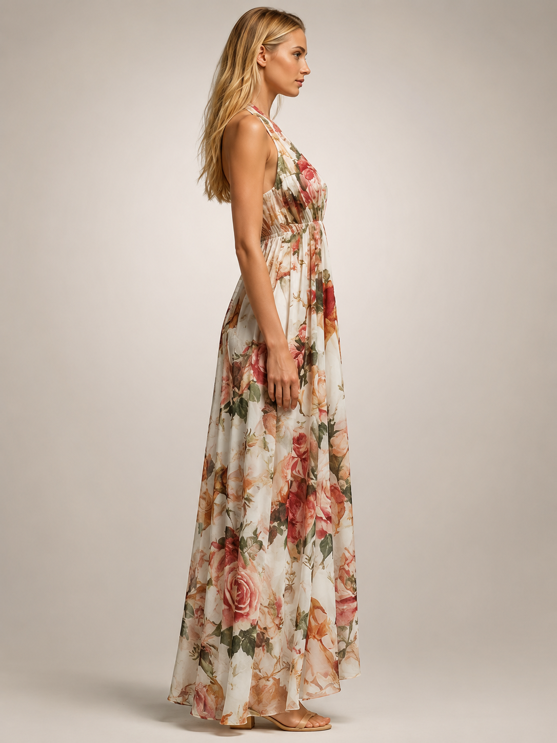 Rosamunde | Vestido maxi boho de cuello halter con estampado floral