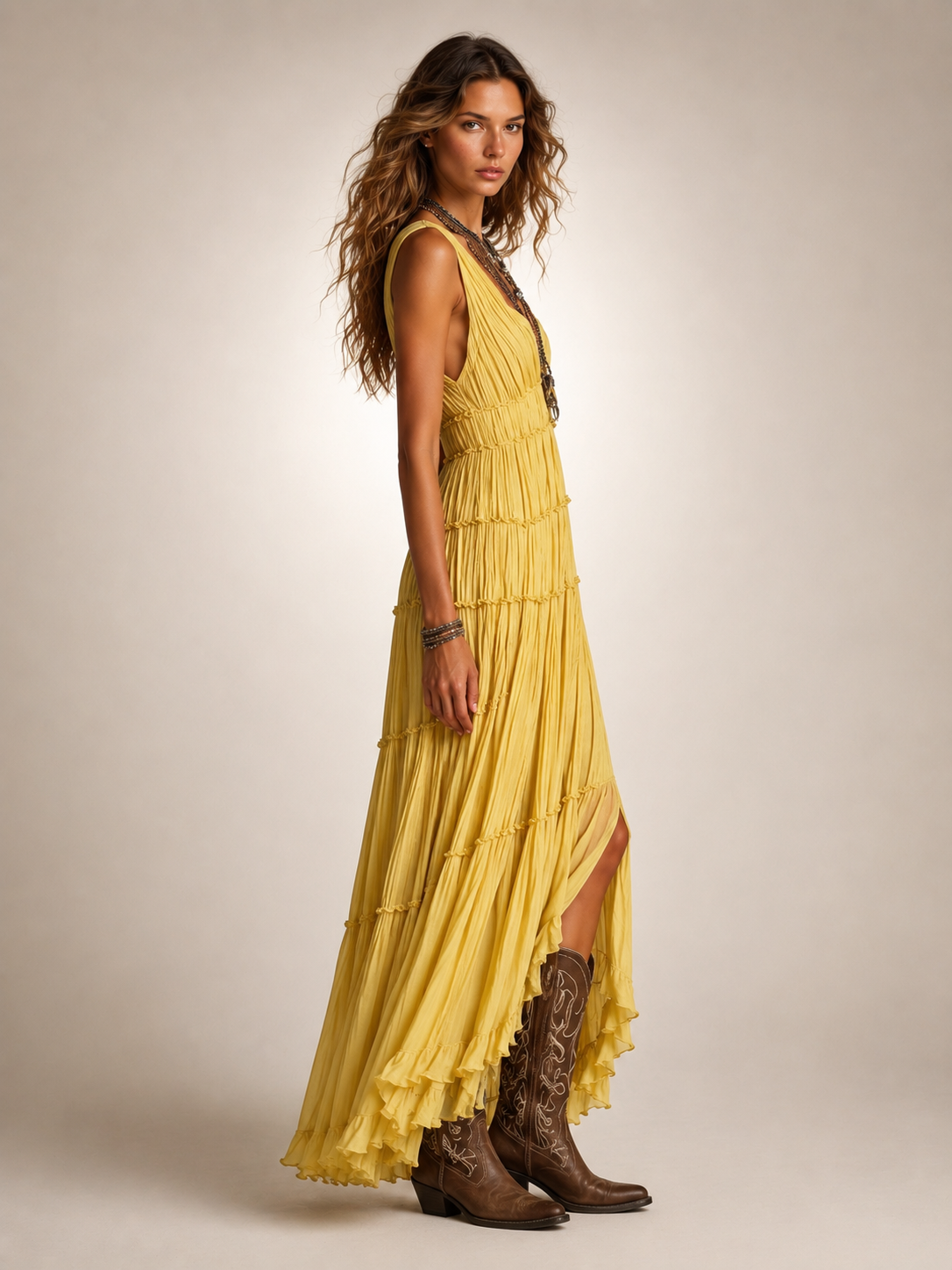 Gundula | Vestido maxi boho escalonado con escote en V