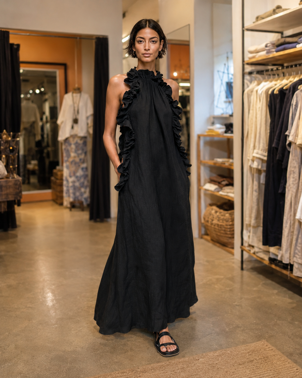 Helene | Vestido largo de lino sin mangas con volantes
